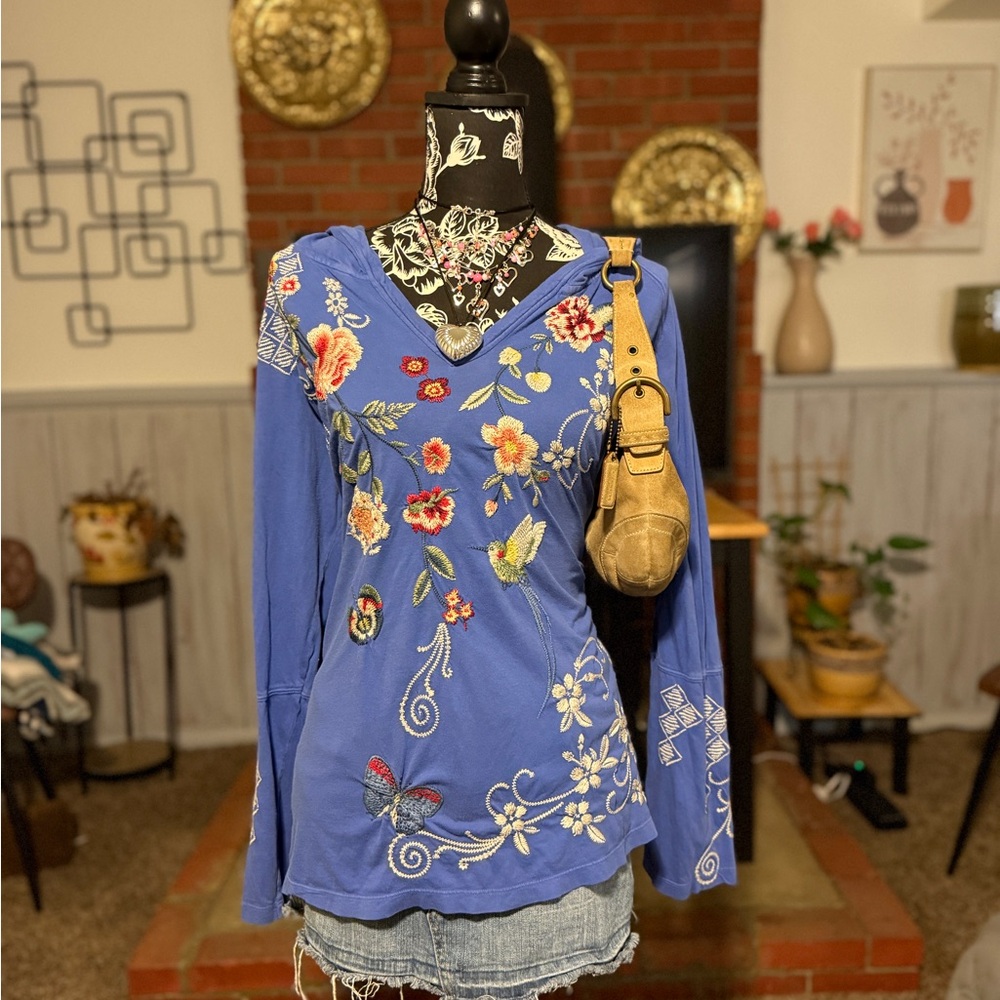 Johnny Was Floral Embroidered Blue Blouse